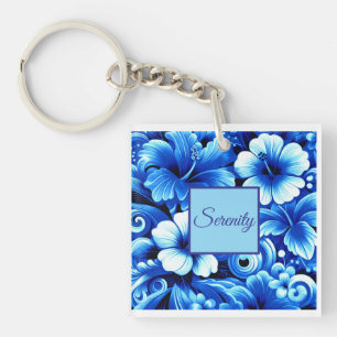 Porte-clés Fleurs hawaïennes tropicales Hibiscus Cobalt Bleu