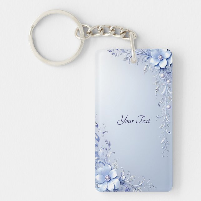 Porte-clés Fleurs Ornées Bleues avec Perles (Devant)