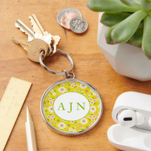 Porte-clés Fleurs rétro mod jaunes et blanches avec monogramm