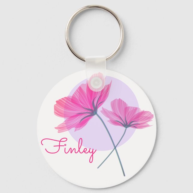 Porte-clés Fleurs roses modernes et mignonnes Nom personnalis (Recto)