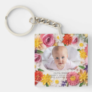 Porte-clés Fleurs roses personnalisées aquarelle nouveau bébé