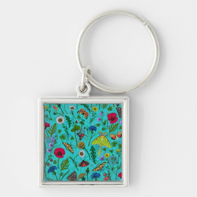 Porte-clés Fleurs sauvages et papillons de nuit sur turquoise (Devant)
