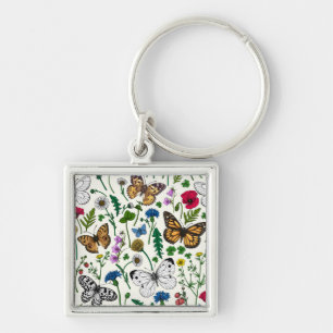 Porte-clés Fleurs sauvages et papillons sur blanc