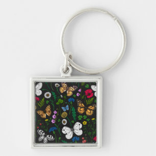 Porte-clés Fleurs sauvages et papillons sur le noir