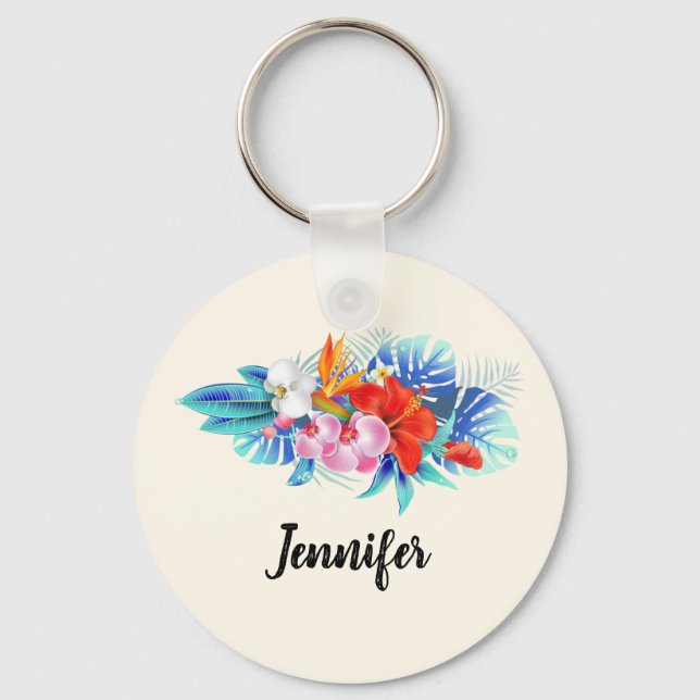 Porte-clés Fleurs tropicales exotiques en rose et turquoise (Recto)