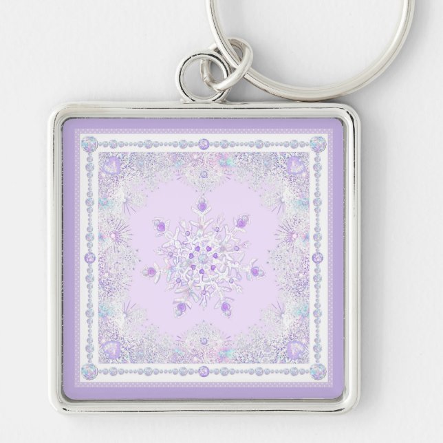 Porte-clés flocon de neige violet clair et coeur étincelant (Devant)