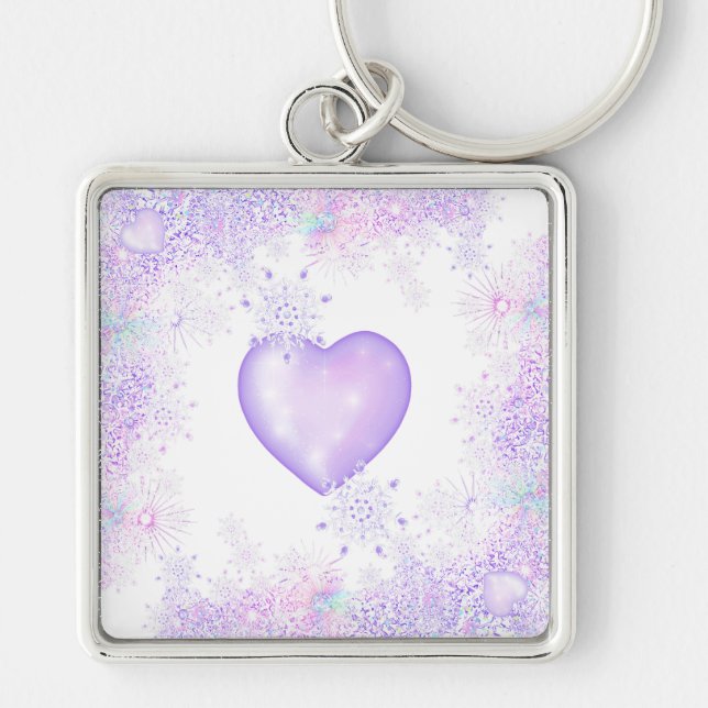 Porte-clés flocon de neige violet clair et coeur étincelant (Devant)