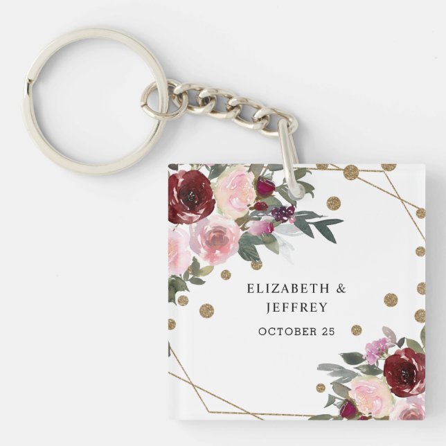 Porte-clés Floral Bourgogne Parties scintillant or Mariage gé (Devant)