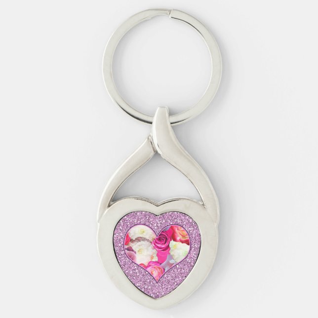 Porte-clés Floral Coeur rose & Lavender Faux Parties scintill (Devant)