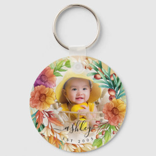 Porte-clés Floral Customisé Nom photo Aquarelle colorée