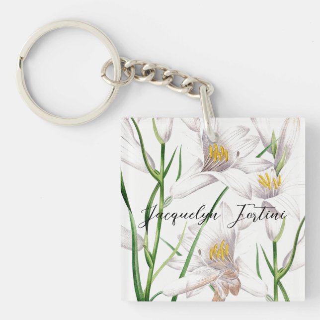 Porte-clés Floral Elegant Chic Cute Calligraphie Ajouter Nom (Devant)