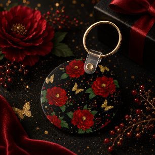 Porte-clés floral Glam Roses rouges Papillon doré 