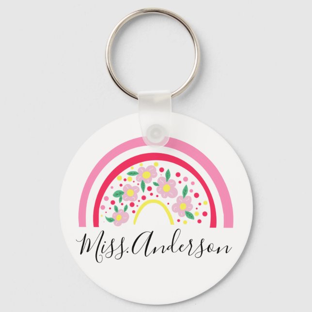 Porte-clés Floral rose arc-en-ciel Cadeau personnalisé enseig (Recto)