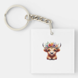 Porte-clés Fluffy Baby Highland Cow with Floral Crown – Cute