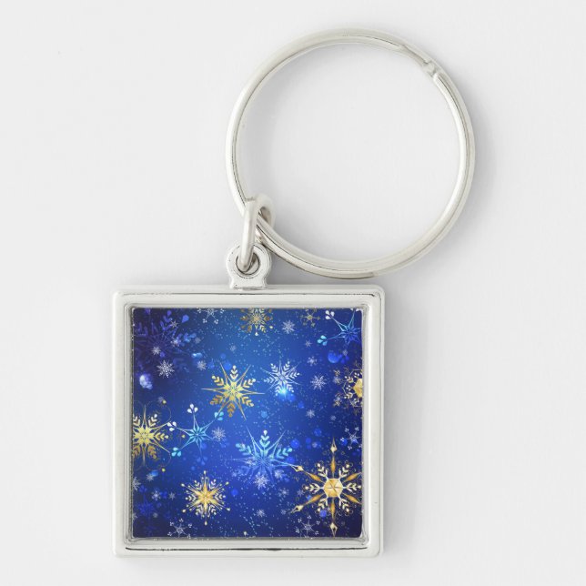 Porte-clés Fond bleu XMAS avec flocons de neige dorés (Devant)