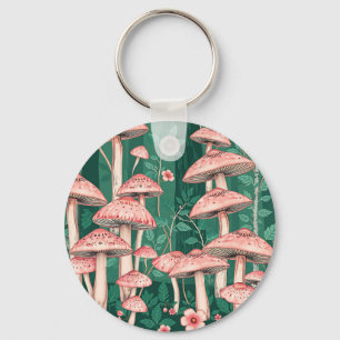 Porte-clés Forêt de champignons roses motif bois naturecore