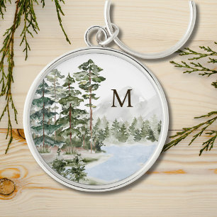Porte-clés Forêt de pins verts et lac monogrammés