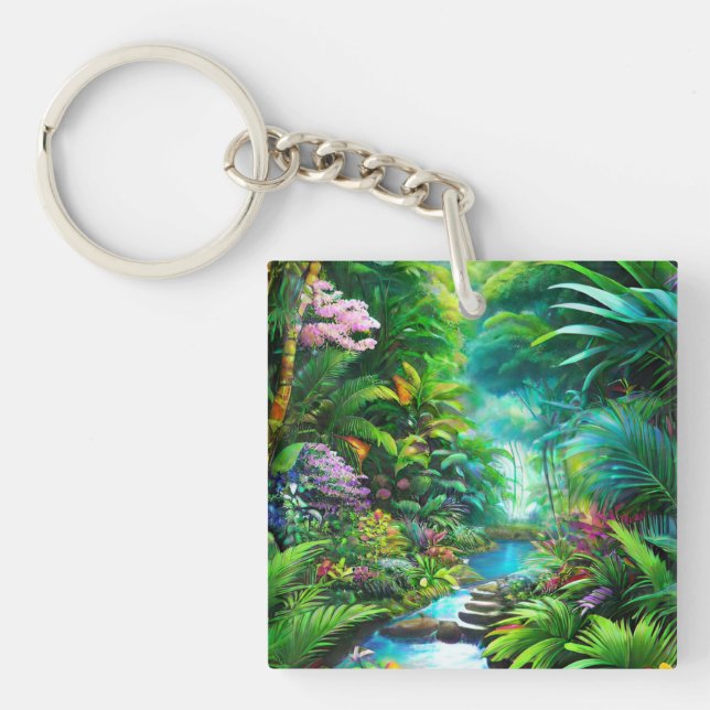 Porte-clés Forêt tropicale humide avec arbres et fleurs (Devant)