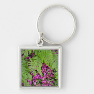 Porte-clés fougères forestières avec pétales de fleurs roses 