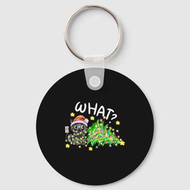 Porte-clés Funny Black Cat Gift Pushing Christmas Tree Over C (Recto)