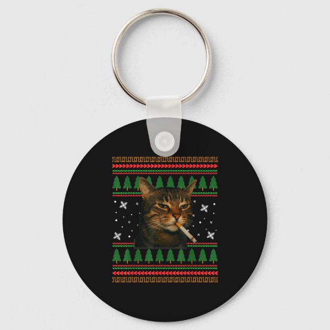 Porte-clés Funny Smoking Cat Meme Christmas Ugly Sweater Cat  (Recto)