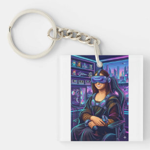 Porte-clés Gamer Mona Lisa VR Headset Funny Cyberpunk Art Pri