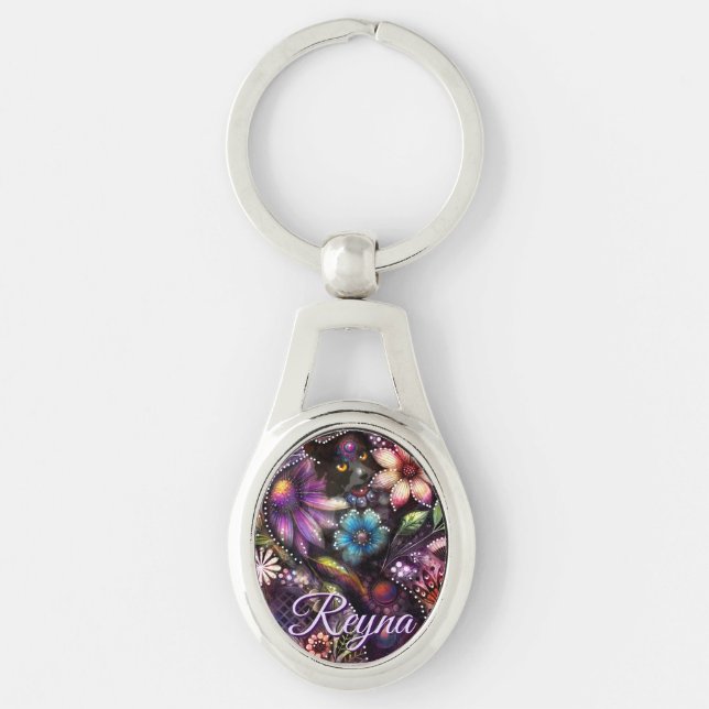 Porte-clés Garden Kitty Cat Floral Abstract Personalized (Devant)