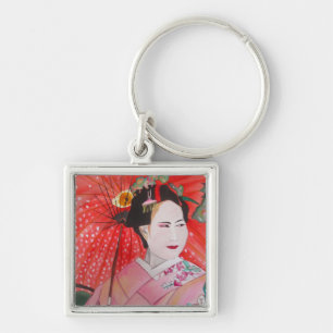 Porte-clés Geisha japonais avec parapluie rouge art original