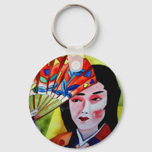 Porte-clés geisha japonaise avec ventilateur aquarelle art or
