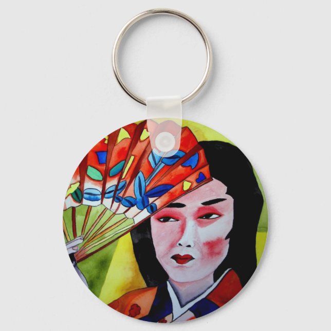 Porte-clés geisha japonaise avec ventilateur aquarelle art or (Recto)