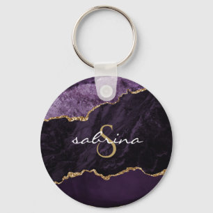 Porte-clés Géode d'agate Monogramme Violet Or