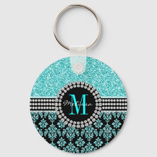 Porte-clés Girl Aqua Parties scintillant bleue Monogramme Dam (Recto)