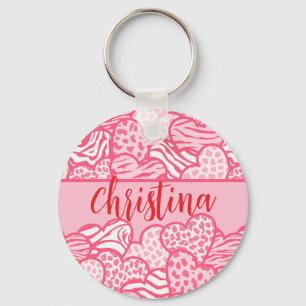 Porte-clés Girly Blush Rose mignon Animal Imprimer Coeurs Nom