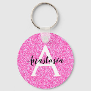 Porte-clés Girly Glam Hot Pink Glitter Sparkles Monogram Name
