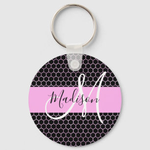 Porte-clés Glam Black Metallic Rose Nid d'abeille Monogramme 