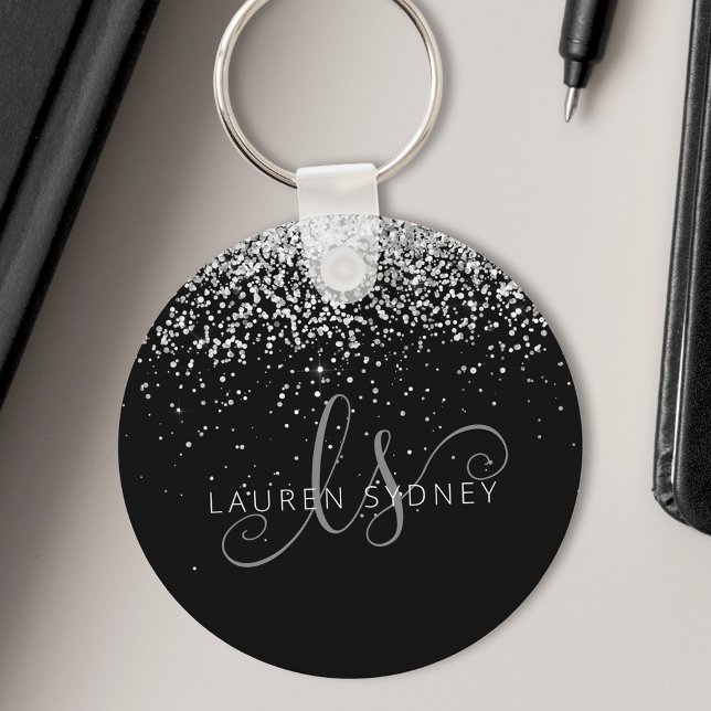 Porte-clés Glam Black Silver Parties scintillant Nom du monog (Créateur téléchargé)