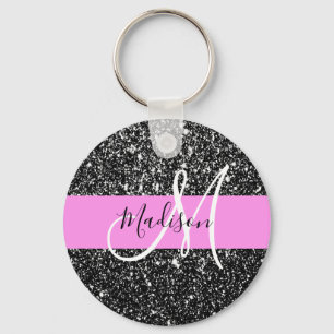 Porte-clés Glam Chic Rose Noir Paillettes Pailleté Monogramme