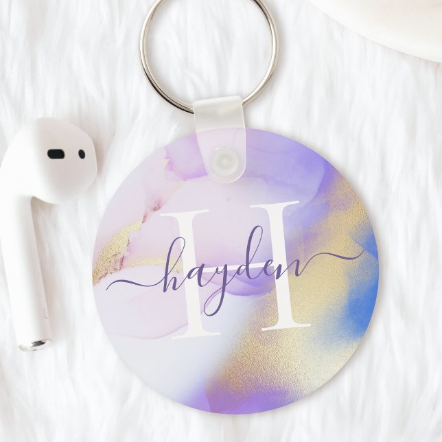 Porte-clés Glam Lilac Gold Abstrait Peinture Élégant Monogram (Créateur téléchargé)
