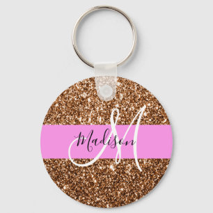 Porte-clés Glam Pink & Bronze Glitter Sparkles Monogram Name