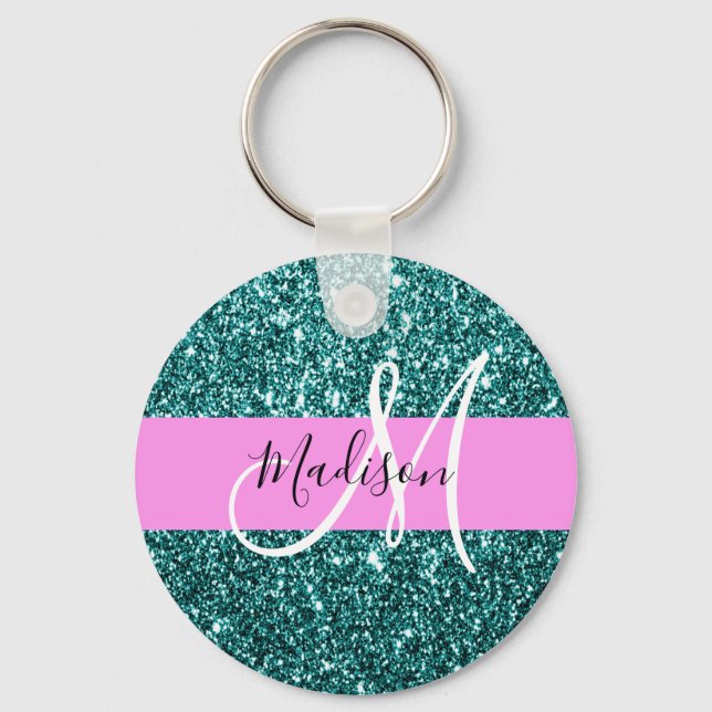 Porte-clés Glam Pink Turquoise Parties scintillant verte Nom  (Recto)