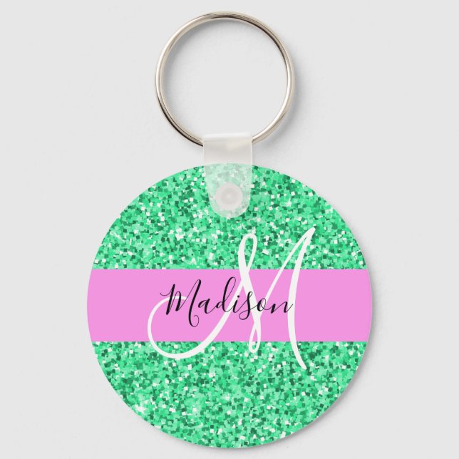 Porte-clés Glamour Rose et Vert Paillettes Monogramme Nom (Recto)