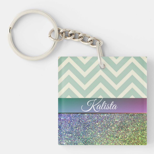 Porte-clés Glittery Green et Purple Chevron (Devant)