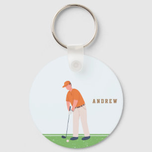 Porte-clés Golf Golfer Green & Blue Illustration Nom Sports