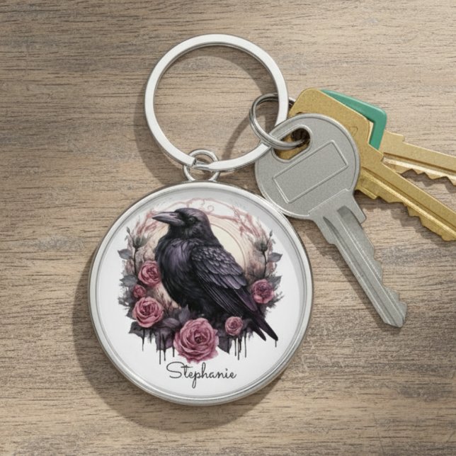 Porte-clés Gothic Raven Dark Academia Floral (Black raven with roses keychain)