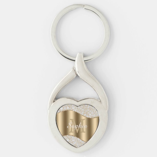 Porte-clés Grand Monogramme d'or, Nom de script blanc, Diaman (Devant)