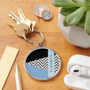 Porte-clés Grey Zigzag, Grey Chevron, Bleu, Votre Nom