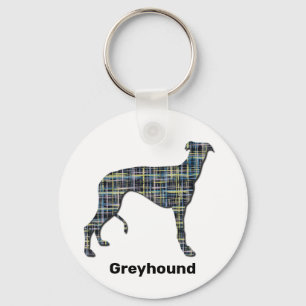 Porte-clés Greyhound Dog Silhouette Yellow & Blue Grids