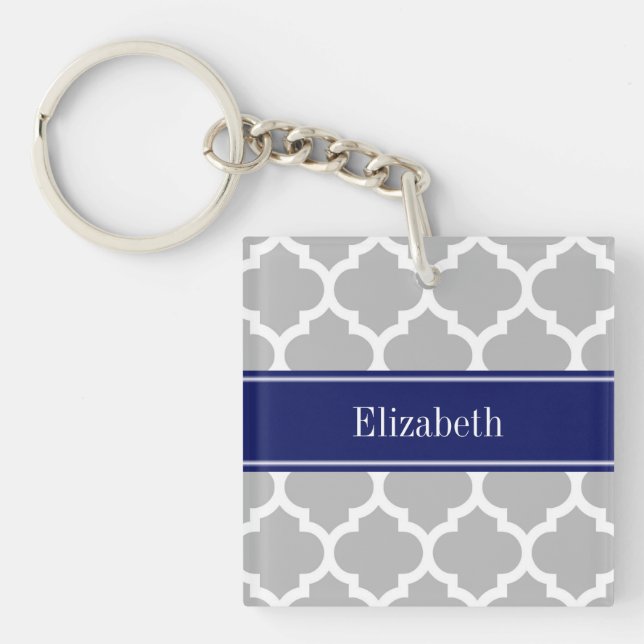 Porte-clés Gris Blanc Marocain #5 Marine Nom bleu Monogramme (Devant)