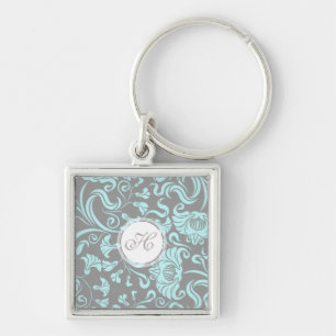 Porte-clés Gris bleu Vintage motif Floral Monogramme Porte - 