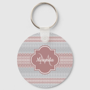 Porte-clés Gris chic et rose cendré rayures et monogramme